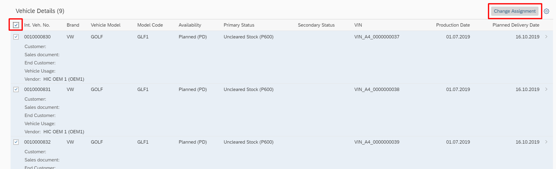 VMS actions processing for multiple vehicles from the list